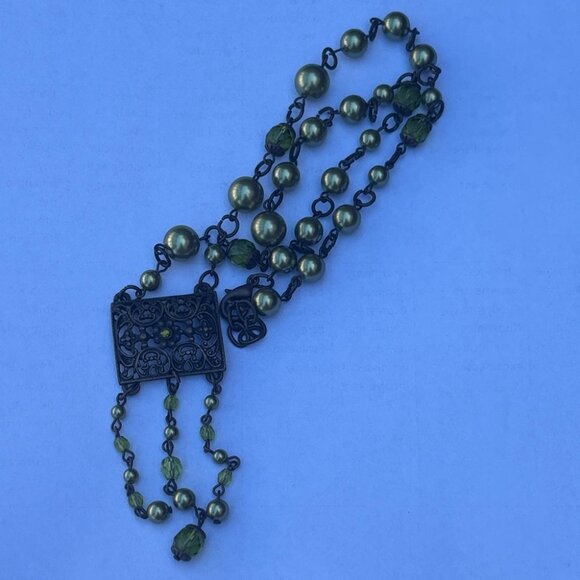 Art Deco Green Pearl Beaded Statement Dangle Necklace - Picture 5 of 6